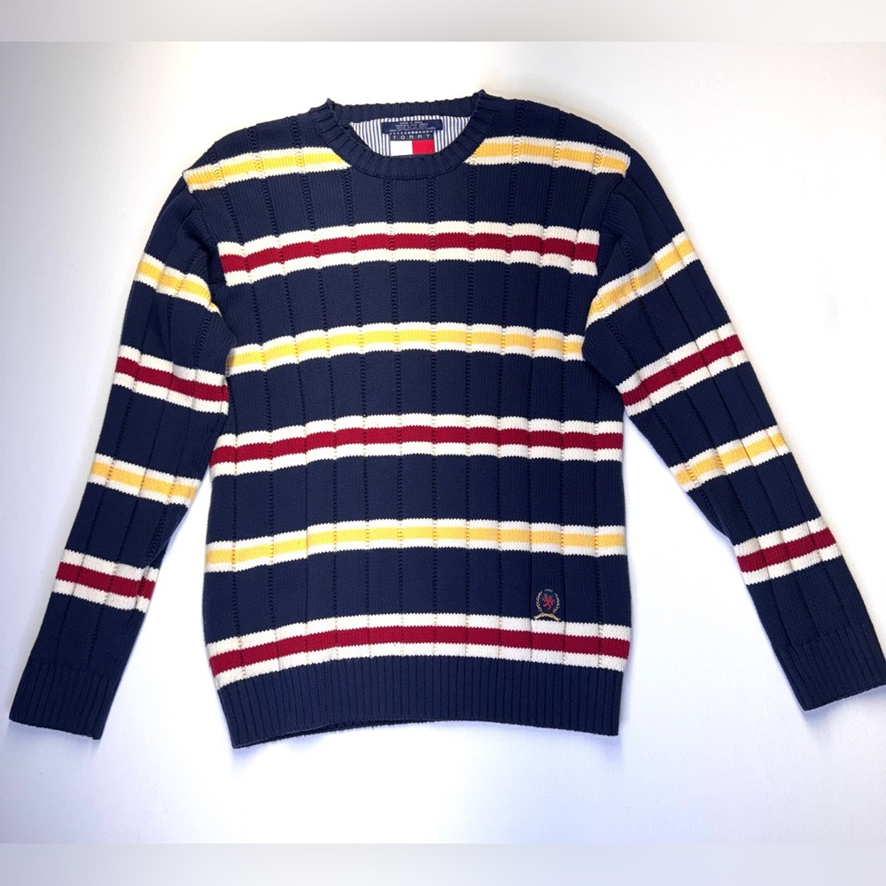 VTG Tommy Hilfiger Cable Knit‎ navy Sweater mens sz Large 90s Y2K striped rugby